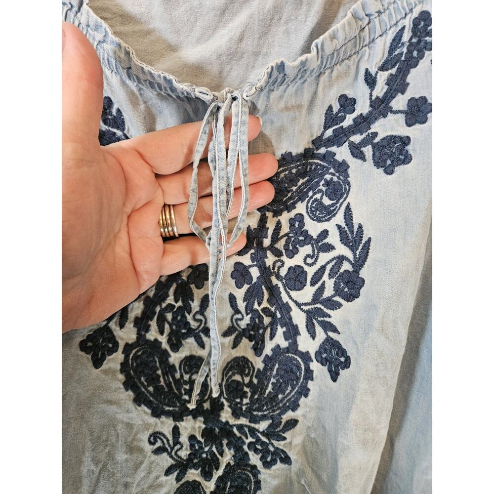 Style & Co. sz XL Blue Cotton Denim Embroidered 3/4 Sleeve Peasant Blouse - Picture 6 of 8